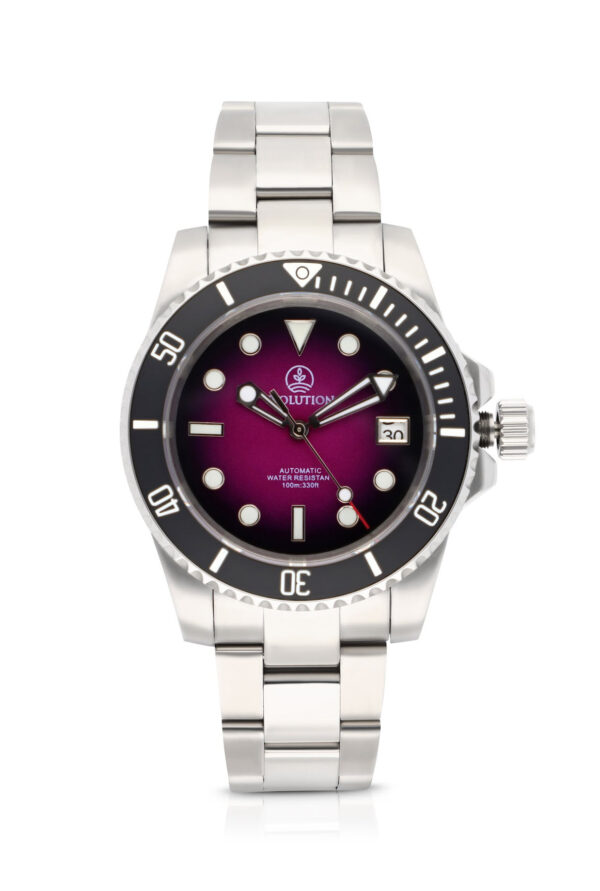Evolution Watches dive watch with gradient purple dial, stainless steel case, and automatic movement