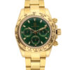 Evolution Watches gold chronograph with green dial, tachymeter bezel, and stainless steel bracelet. A luxury timepiece combining precision and elegance