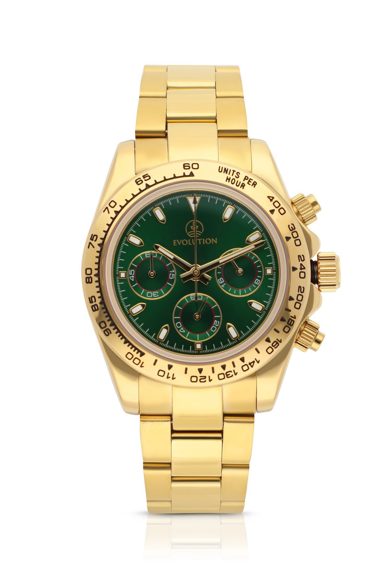Evolution Watches gold chronograph with green dial, tachymeter bezel, and stainless steel bracelet. A luxury timepiece combining precision and elegance