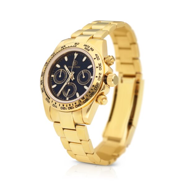 Evolution Watches Imperium Noir – a gold chronograph with a black dial, tachymeter bezel, and polished gold bracelet. A bold and luxurious statement timepiece