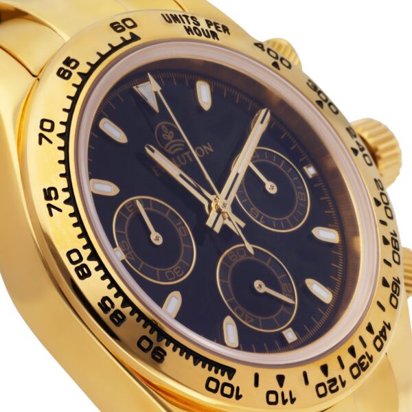 Evolution Watches Imperium Noir – a gold chronograph with a black dial, tachymeter bezel, and polished gold bracelet. A bold and luxurious statement timepiece