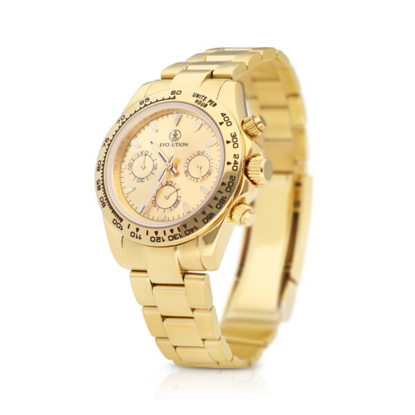 Evolution Watches Imperium Gold – a gold chronograph with a sunburst gold dial, tachymeter bezel, and polished gold bracelet. A refined statement of prestige and luxury