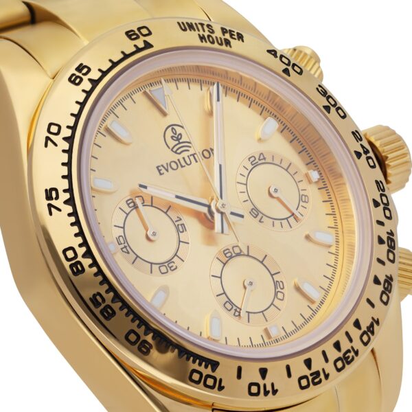 Evolution Watches Imperium Gold – a gold chronograph with a sunburst gold dial, tachymeter bezel, and polished gold bracelet. A refined statement of prestige and luxury
