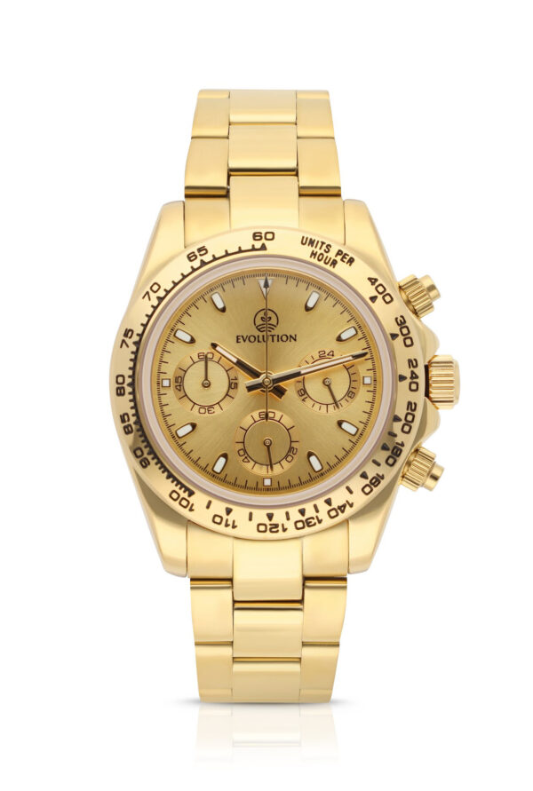 Evolution Watches gold chronograph with a sunburst gold dial, tachymeter bezel, and stainless steel bracelet. A statement piece of luxury and precision