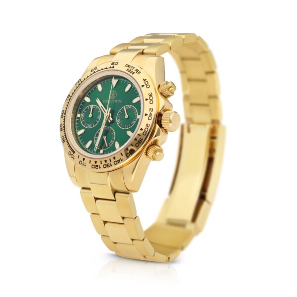 Evolution chronograph with a striking green dial, gold-tone case and bracelet, three subdials, and a tachymeter bezel for precision timing