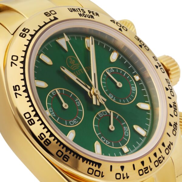 Evolution chronograph with a striking green dial, gold-tone case and bracelet, three subdials, and a tachymeter bezel for precision timing