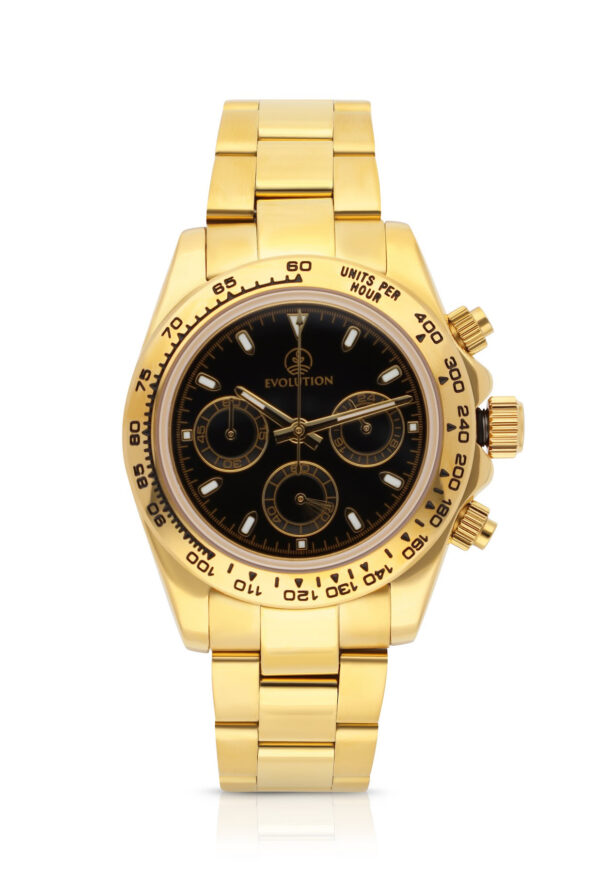 Evolution Watches gold chronograph with black dial, tachymeter bezel, and stainless steel bracelet. A bold and luxurious statement timepiece