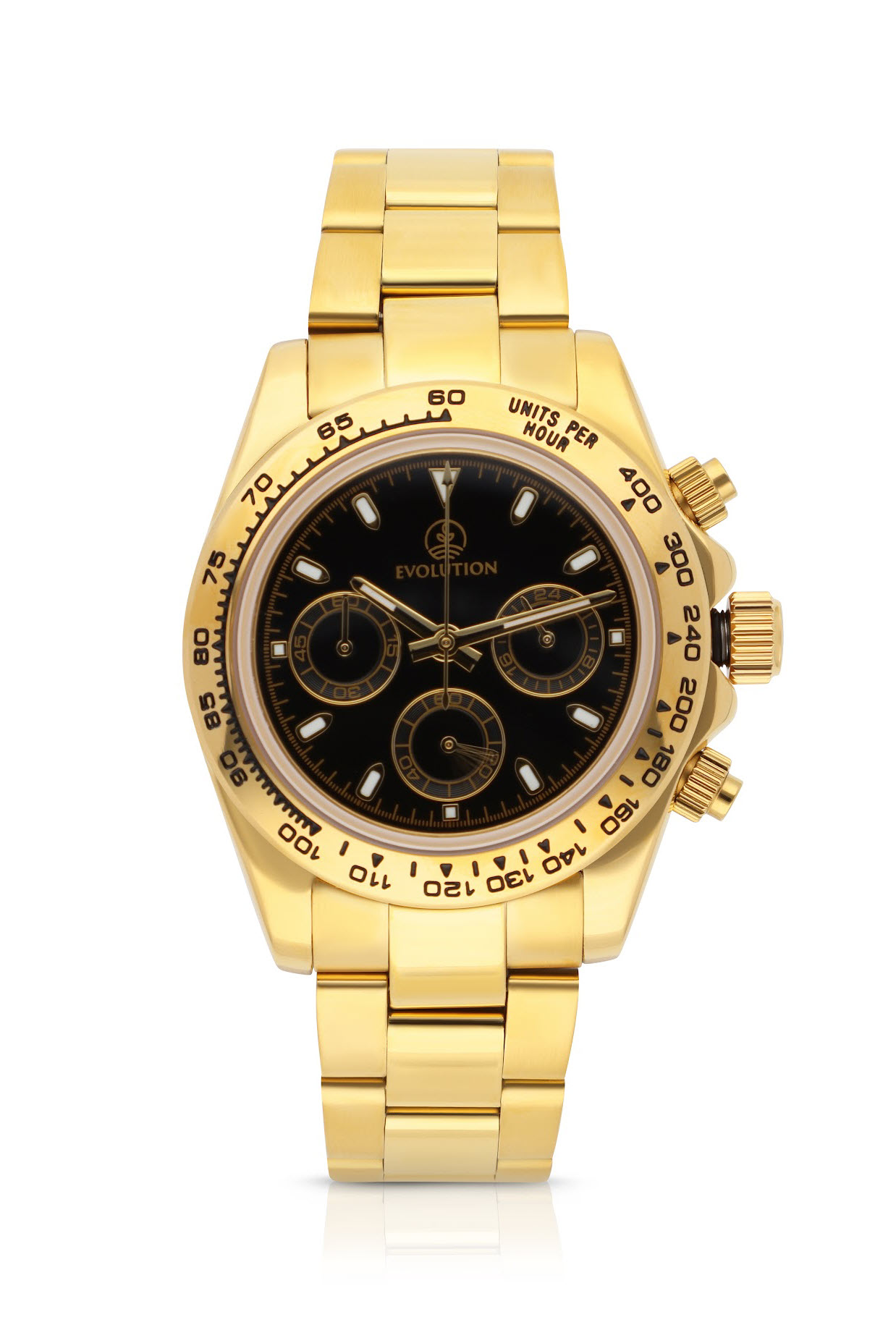 Evolution Watches gold chronograph with black dial, tachymeter bezel, and stainless steel bracelet. A bold and luxurious statement timepiece